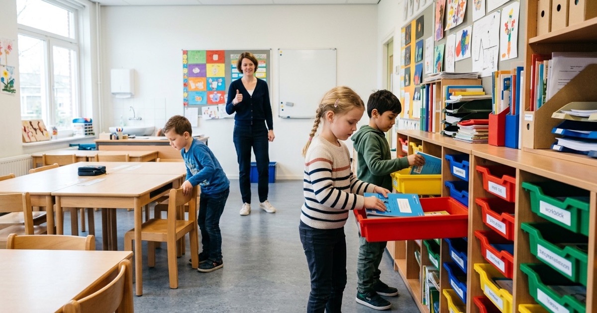 Kinderen ruimen materialen op en lopen rustig naar de kring tijdens een overgangsmoment.