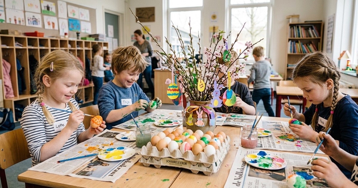 Kinderen versieren papieren paaseieren met stiften, lijm en gekleurd papier aan een tafel.