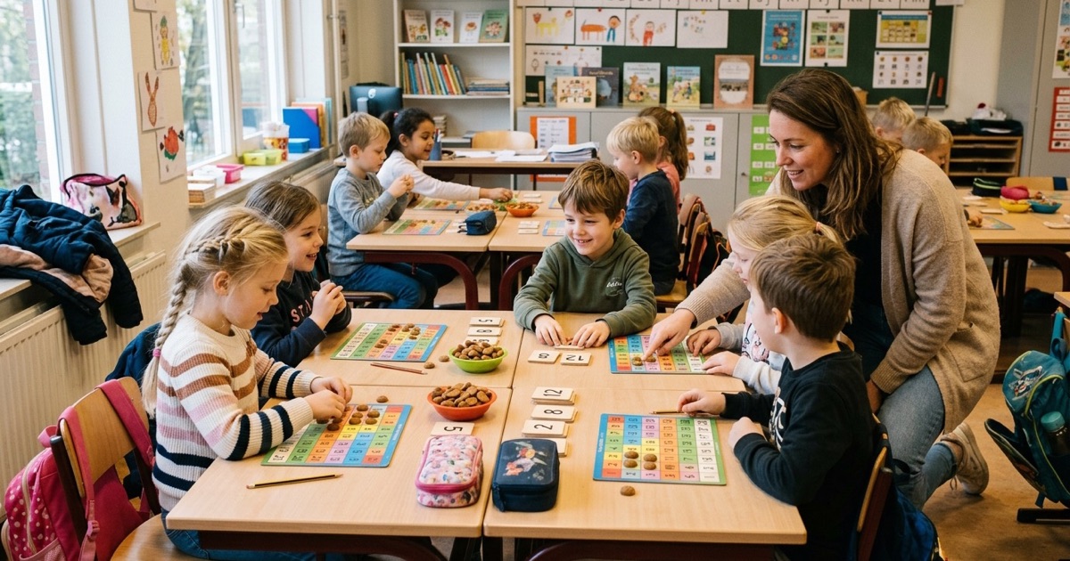 Kinderen rekenen in groepjes met pepernoten, telmatten en kaartjes terwijl de leerkracht bij de tafels helpt.