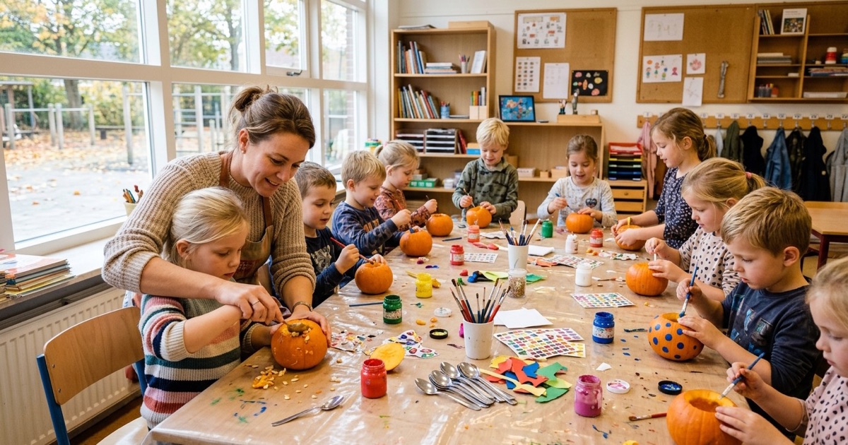 Kinderen versieren kleine pompoenen met verf en stickers terwijl een volwassene helpt met een uitgeholde pompoen