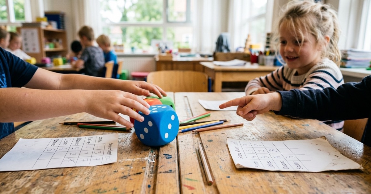 Kinderen rekenen met dobbelstenen, fiches en werkbladen aan een groepstafel in de klas.