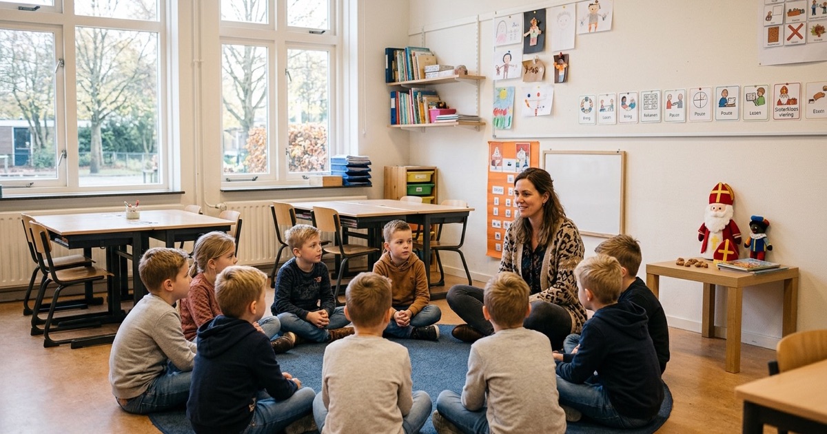 Kinderen zitten met de leerkracht in een kring op de vloer, naast rustige Sinterklaasversiering en een dagritmebord.
