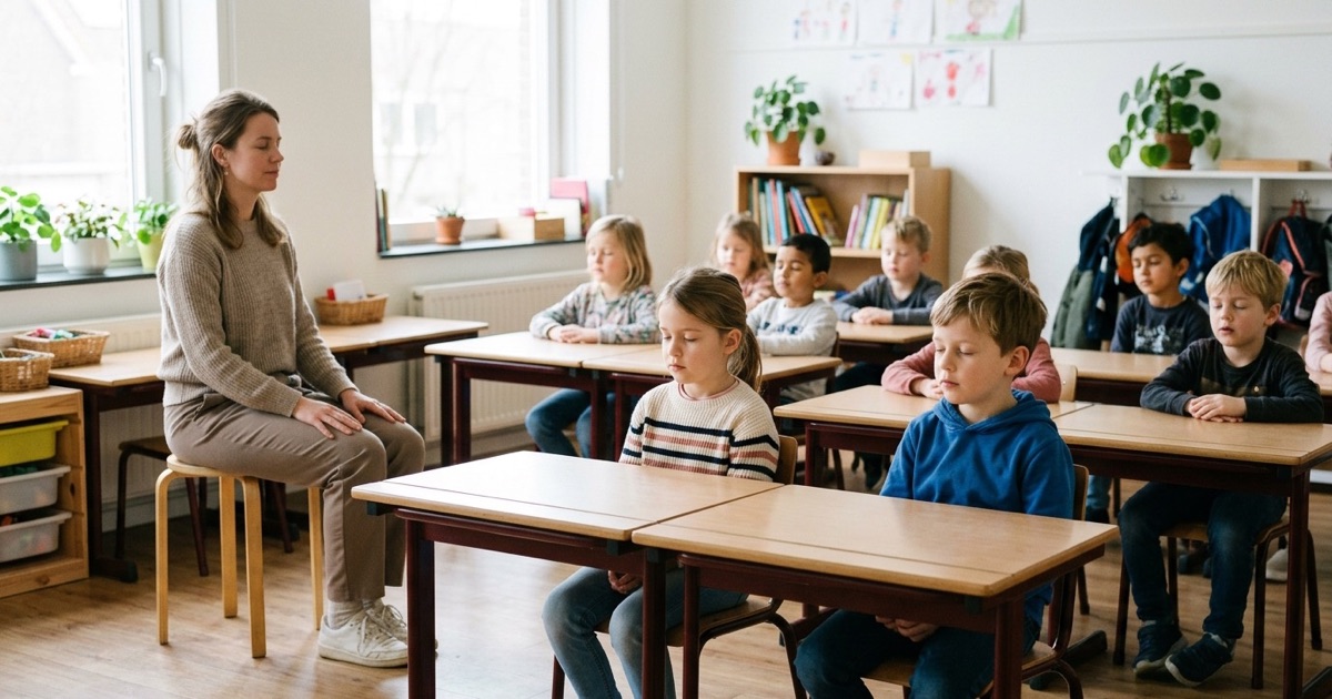 Leerlingen zitten stil aan hun tafels terwijl de leerkracht een rustige activiteit op het bord aanwijst.