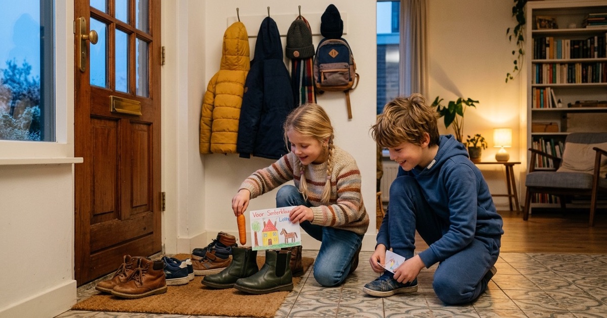 Twee kinderen zetten hun schoenen bij de voordeur, met een wortel en een tekening in één schoen.