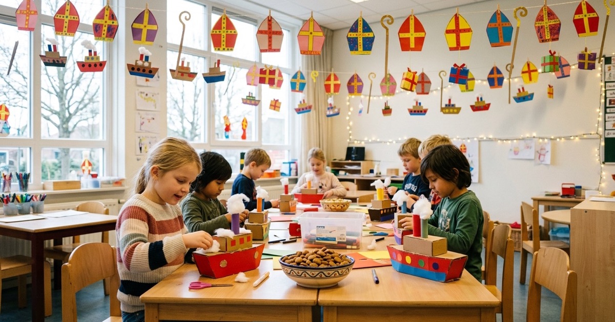 Leerlingen maken sinterklaasopdrachten met dobbelstenen, pepernoten en werkbladen aan tafel.