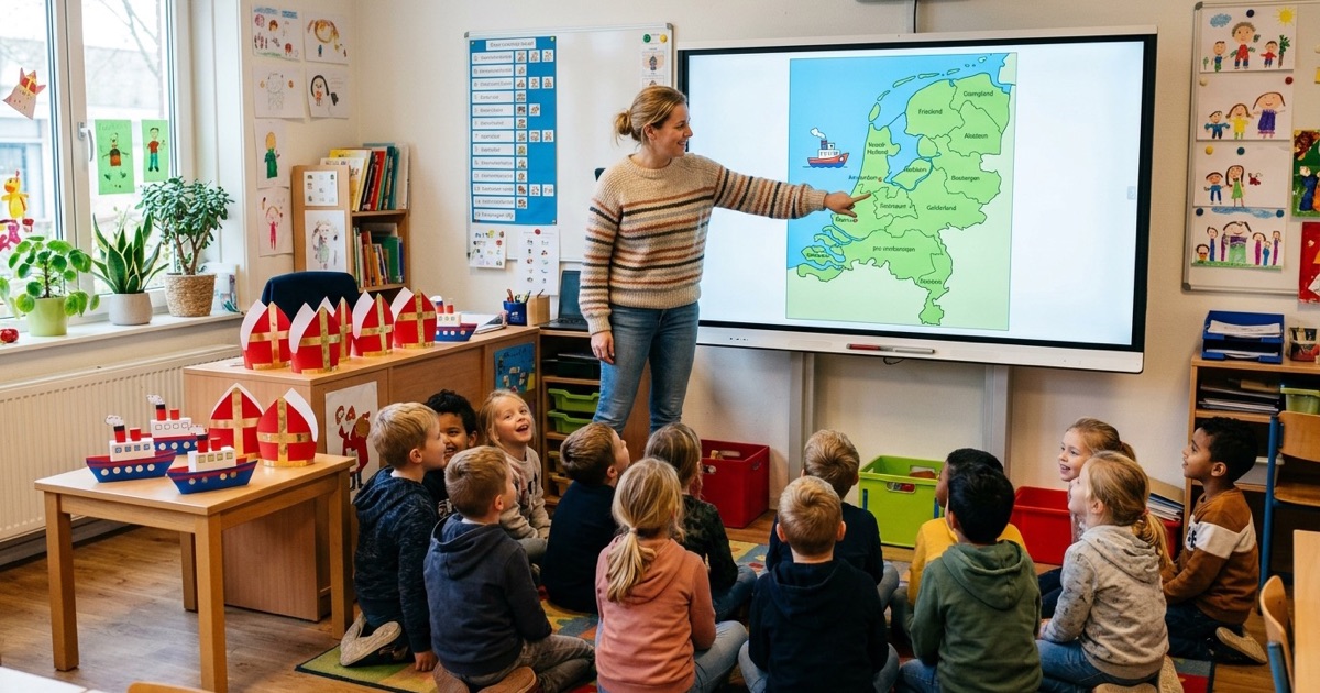 Kinderen zitten op de vloer terwijl de leerkracht wijst naar een digibord met een kaart en stoombooticoon.