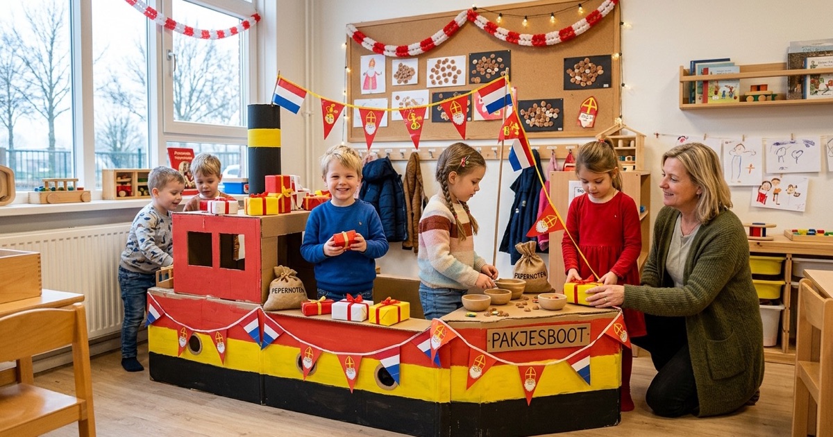 Kleuters spelen in een Sinterklaashoek met een kartonnen stoomboot, speelgoedpakjes en telmateriaal.