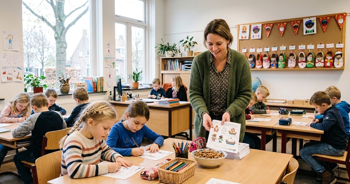 De leerkracht legt Sinterklaaswerkbladen op tafel terwijl kinderen in tweetallen rustig werken.