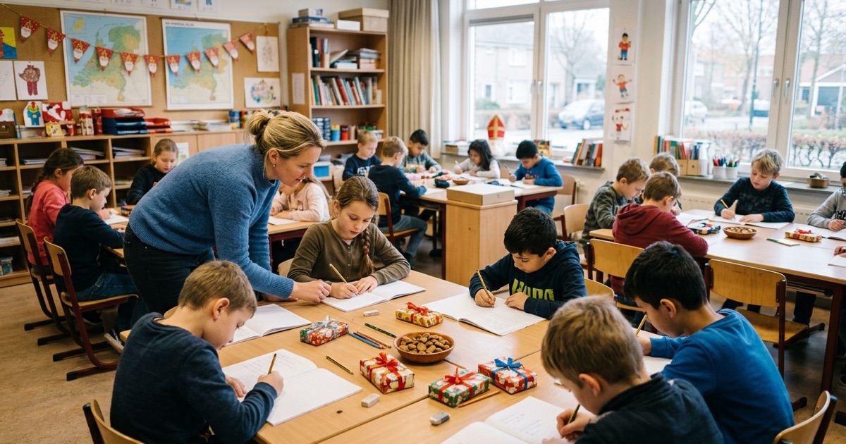 Kinderen schrijven Sinterklaasgedichten aan groepstafels met schriften, potloden, surprises en pepernoten.