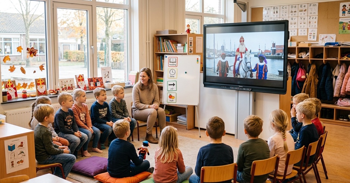 Kinderen zitten met de leerkracht in een halve kring en kijken naar een Sinterklaasfragment op het digibord.