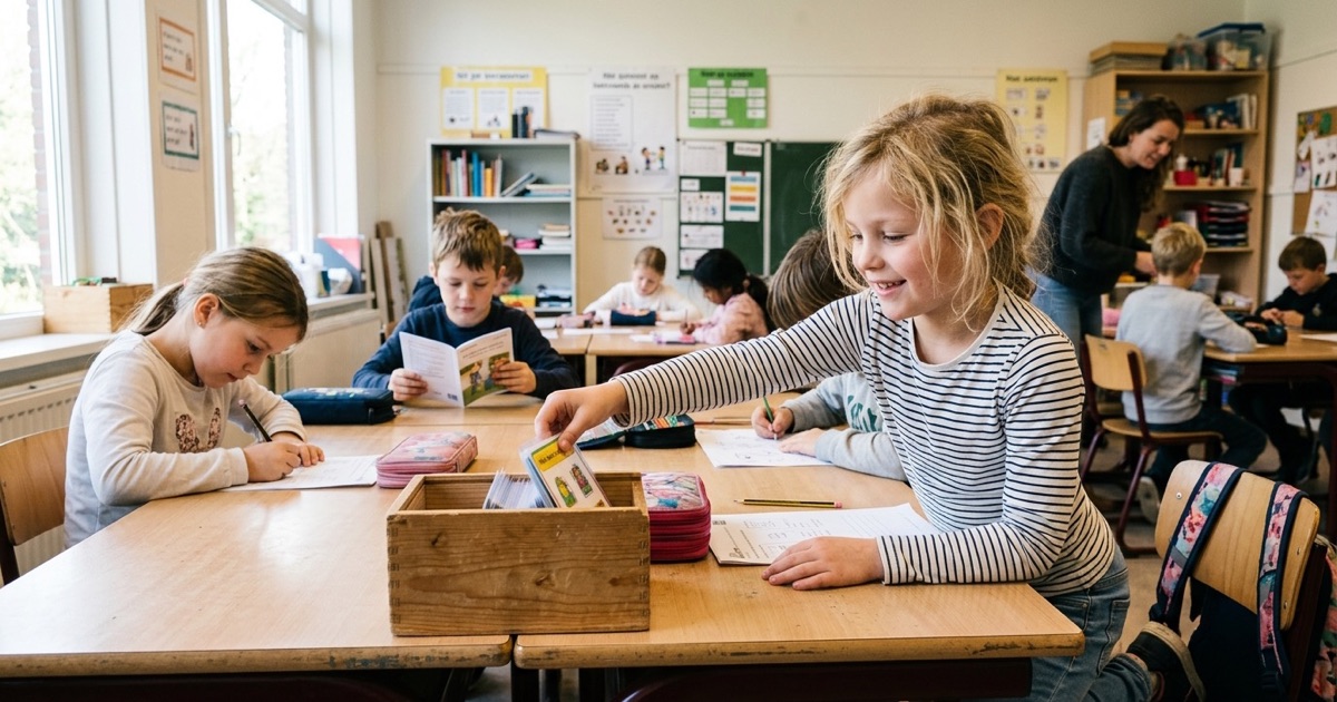 Leerlingen pakken opdrachtkaartjes uit een bakje nadat zij hun werk aan de groepstafel af hebben.