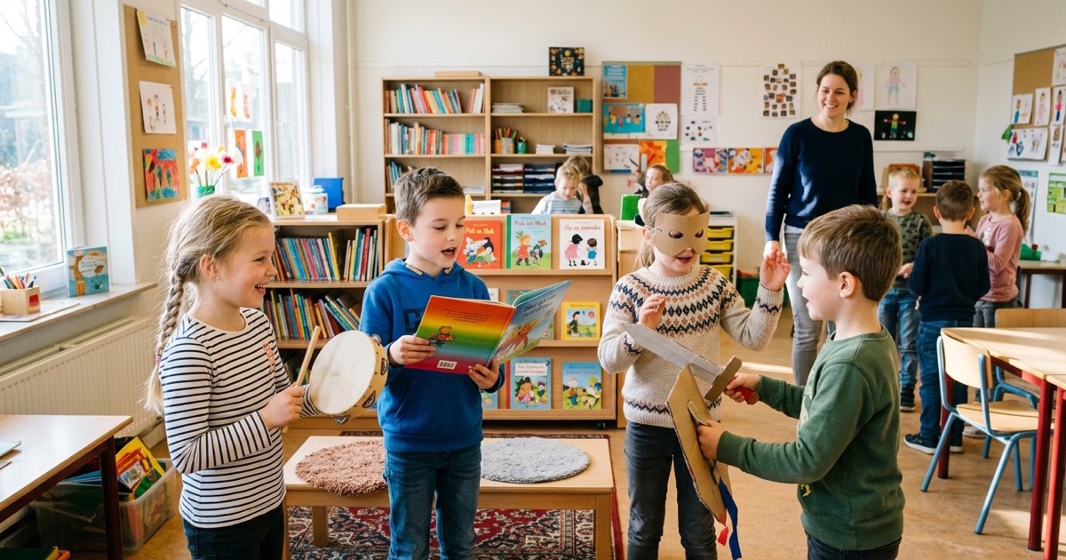 Kinderen spelen in groepjes een verhaal na met eenvoudige rekwisieten, een prentenboek en een muziekinstrument