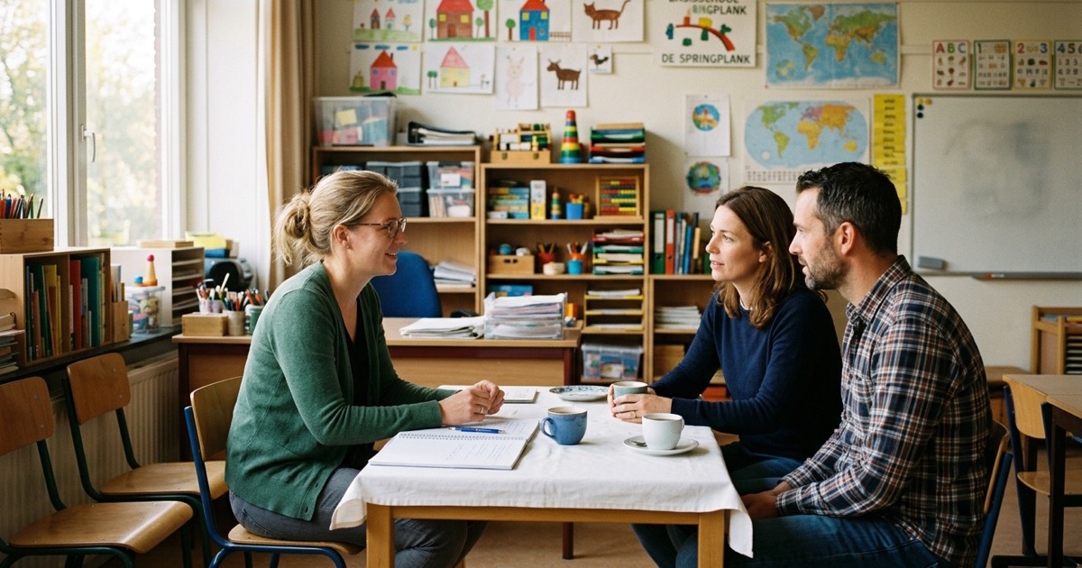 Een leerkracht zit na school met twee ouders aan een kleine tafel met notitieboek en kopjes thee.