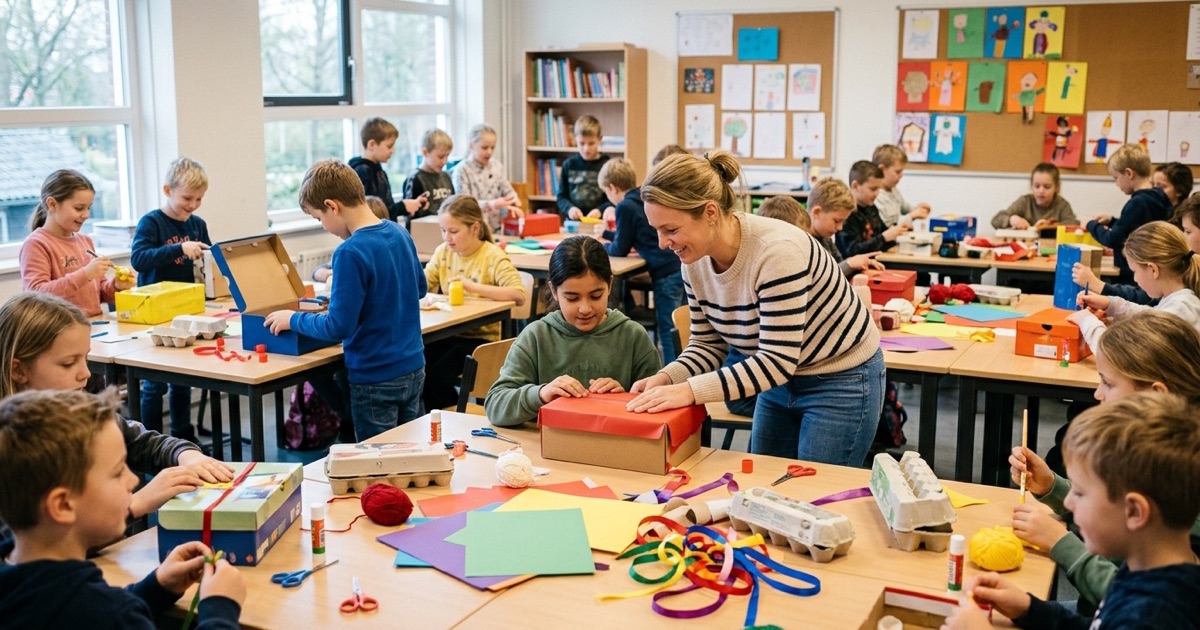 Kinderen maken Sinterklaassurprises aan groepstafels met dozen, papier en lint terwijl de leerkracht helpt.