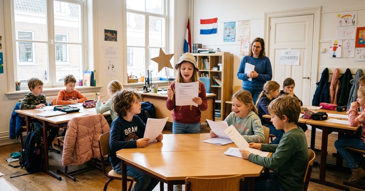Kinderen lezen in groepjes toneelteksten van papier terwijl één kind met een rekwisiet voor de klas staat