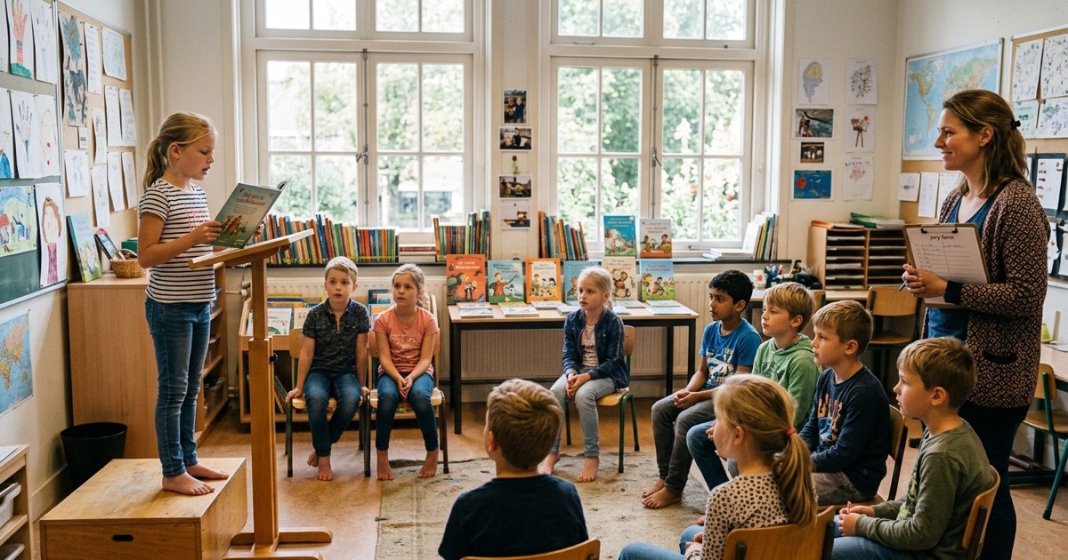 Een kind leest voor uit een boek achter een lessenaar terwijl klasgenoten luisteren en de leerkracht meekijkt