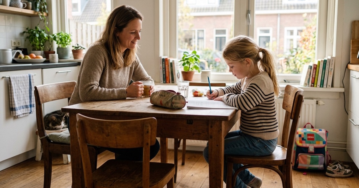 Een kind zit na school aan de keukentafel met een leesboek, etui, ouder naast zich en schooltas op de vloer.