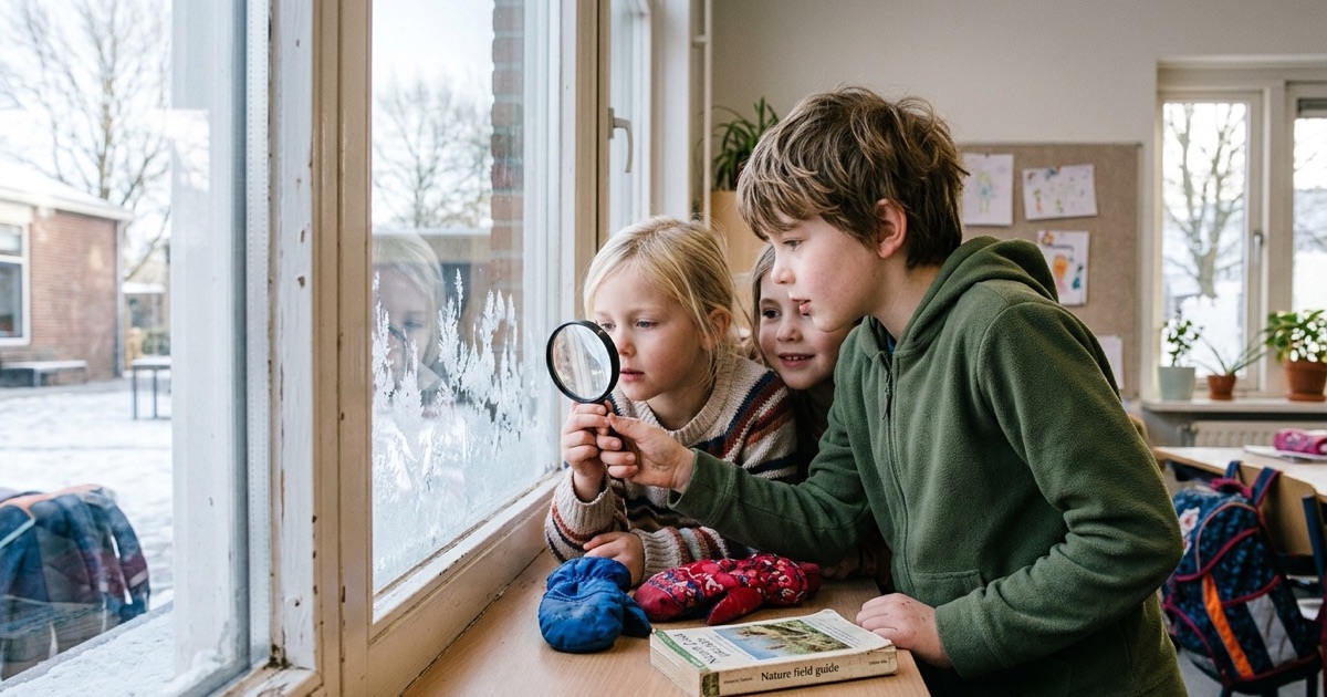 Kinderen leggen watten, ijsstokjes en blauwe papieren vormen klaar voor een winterknutsel.