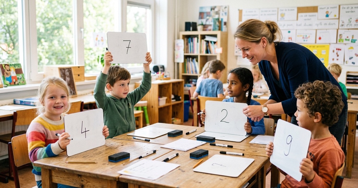 Leerlingen houden wisbordjes omhoog met antwoorden terwijl de leerkracht voor het digibord staat.