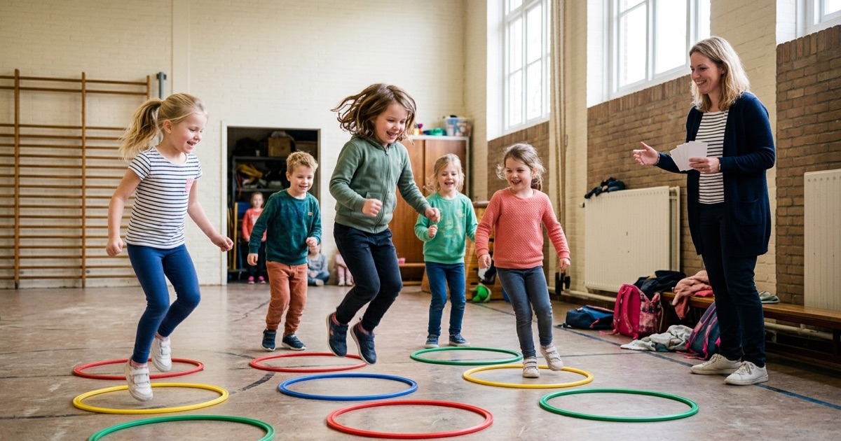 Kinderen bewegen door de klas en koppelen woordkaartjes aan afbeeldingen op de vloer.