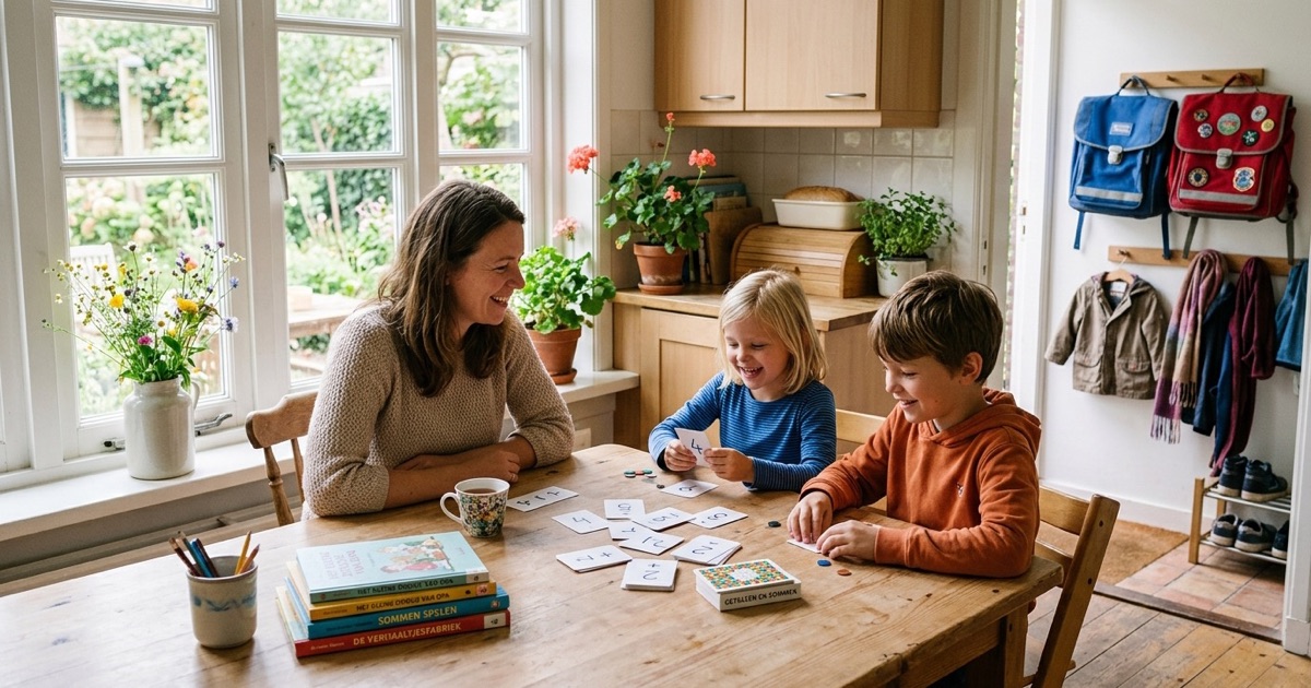 Een ouder en twee kinderen spelen aan de keukentafel een rekenspel met kaarten en boeken.