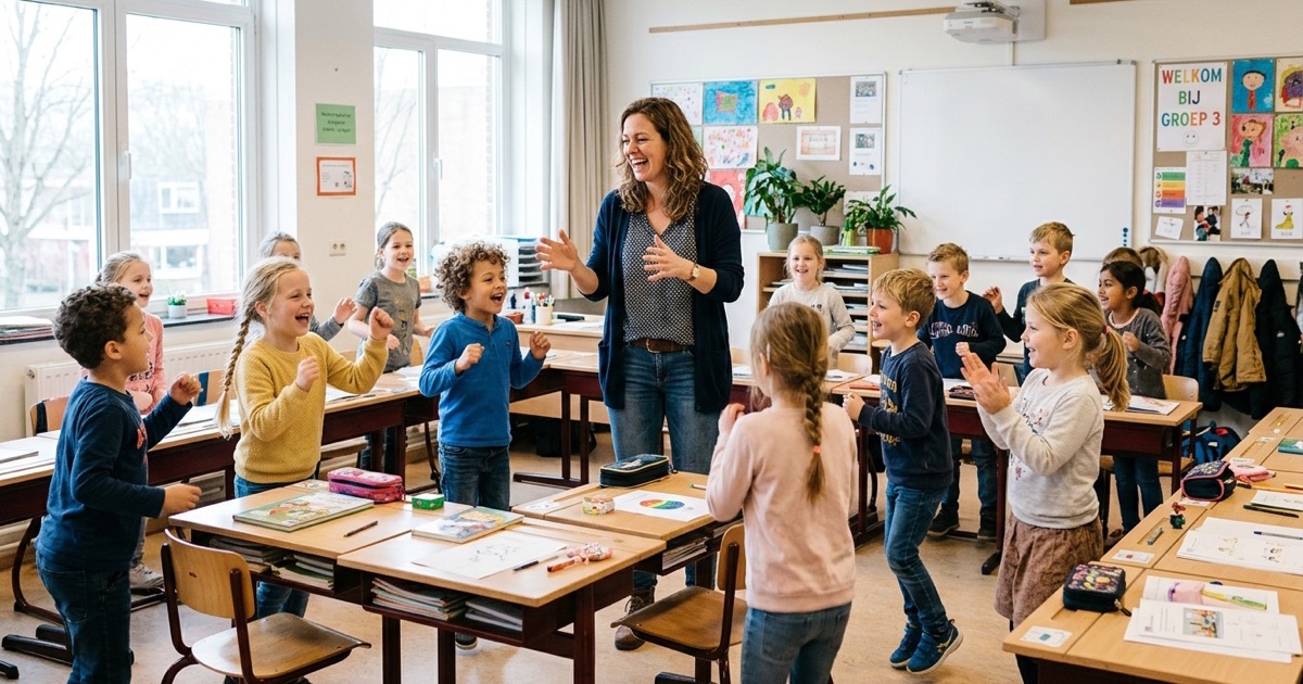 Een leerkracht doet een speelse activiteit met de klas terwijl kinderen lachend rond hun tafels staan.