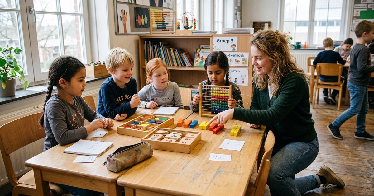 Kinderen rekenen met houten blokjes en een telraam aan een groepstafel terwijl de leerkracht meekijkt.
