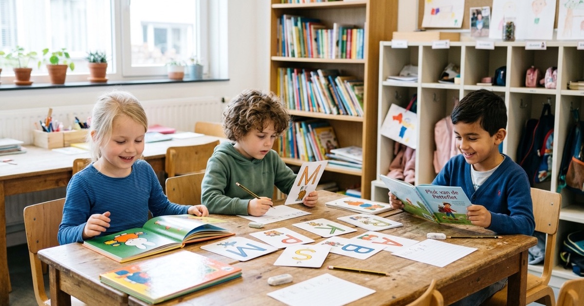 Kinderen lezen prentenboeken en oefenen met letterkaarten aan een leestafel in de klas.