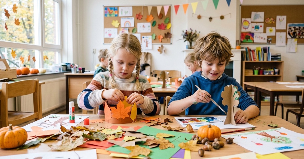 Kinderen knutselen aan een seizoenstafel met herfstbladeren en papieren versieringen in de klas.