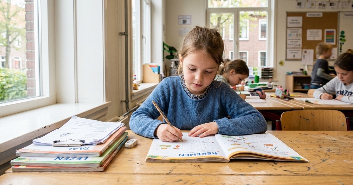 Een kind werkt in een werkboekje aan tafel met een stapeltje werkbladen en potloden ernaast.