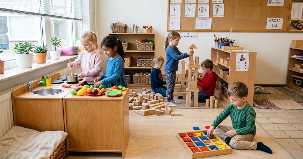 Kleuters spelen in de bouwhoek van een klaslokaal met houten blokken en gekleurde vormen.