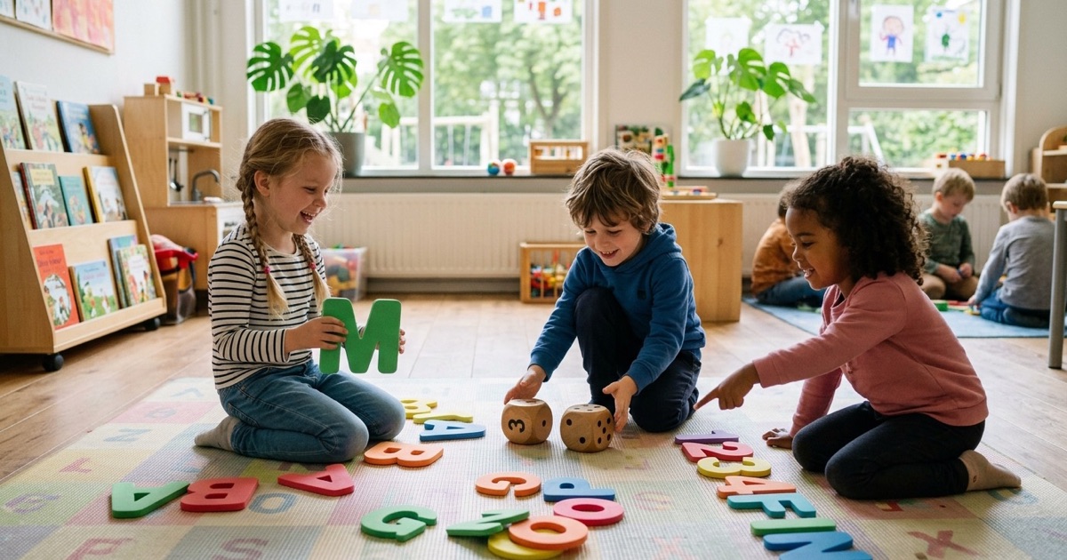 Kleuters spelen een letter- en telspel op de vloer van de klas met grote schuimletters en dobbelstenen.