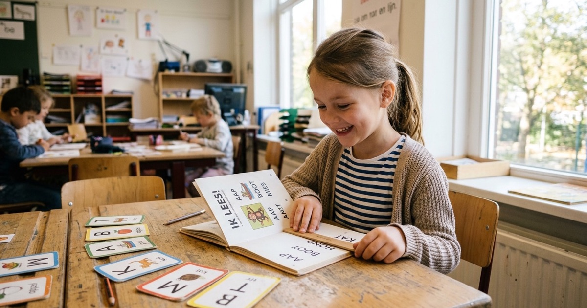 Een kind uit groep 3 leest trots eerste woordjes uit een leesboekje met letterkaarten ernaast.