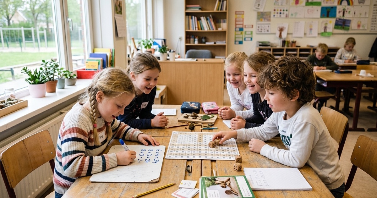 Kinderen uit groep 4 oefenen de tafels met een dobbelspel en schrijven sommen op een wisbordje.