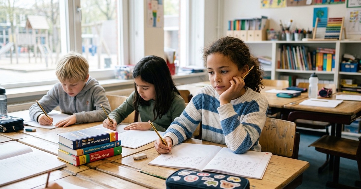 Kinderen uit groep 5 schrijven een verhaal in hun schrift met woordenboeken op tafel.