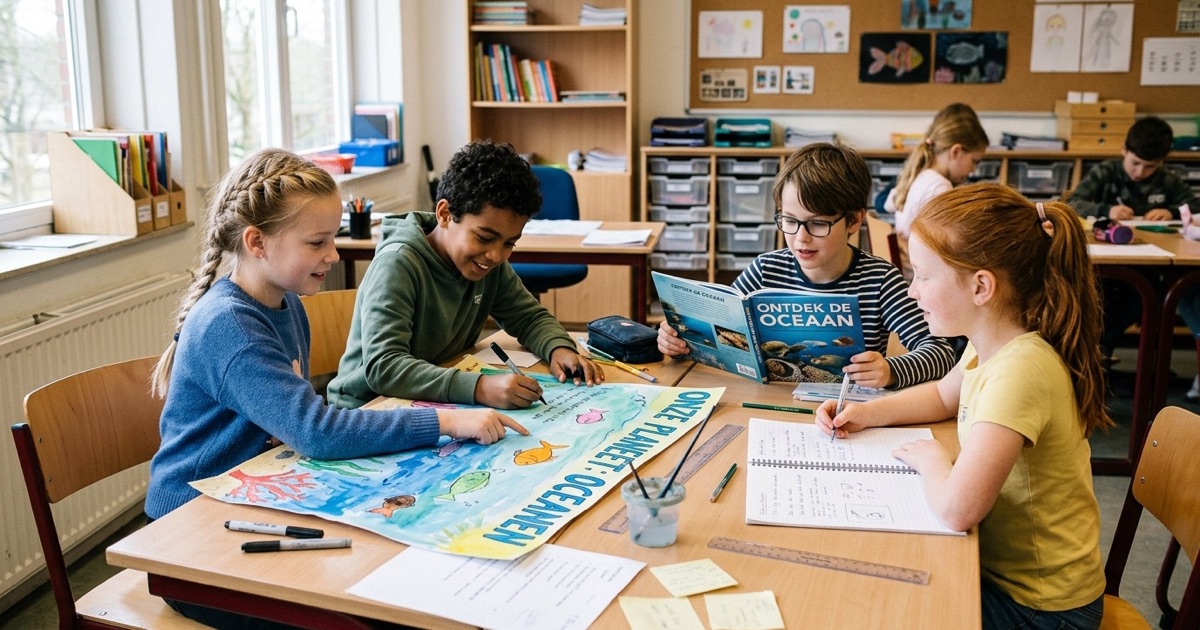 Kinderen uit groep 6 werken samen aan een werkstuk met informatieboeken en een poster op tafel.