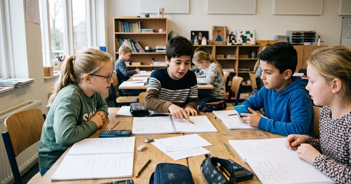 Kinderen uit groep 7 lossen samen redactiesommen op en leggen elkaar berekeningen uit.