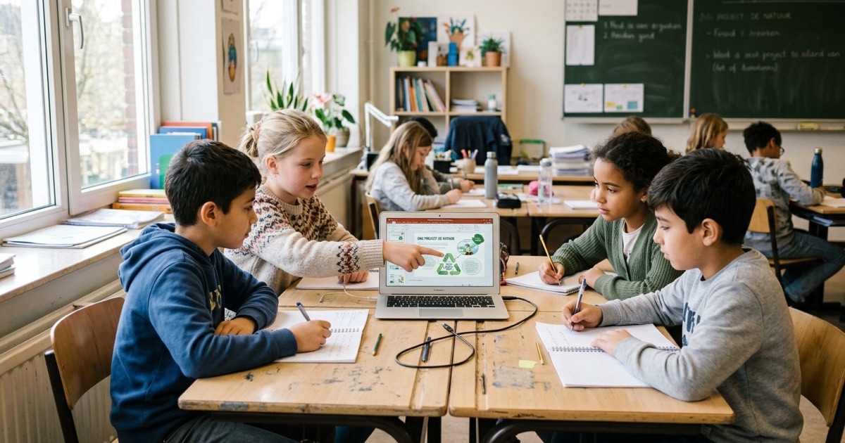 Kinderen uit groep 8 bereiden samen een presentatie voor met een laptop en aantekeningen.