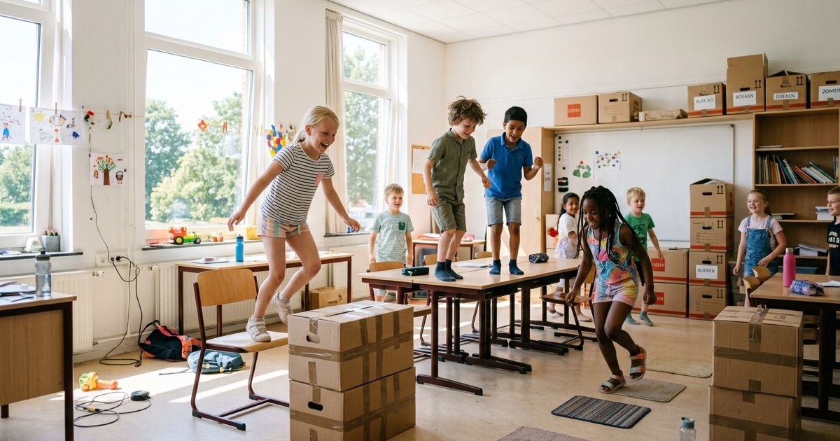 Kinderen doen spelletjes in een half ingepakt klaslokaal aan het einde van het schooljaar.