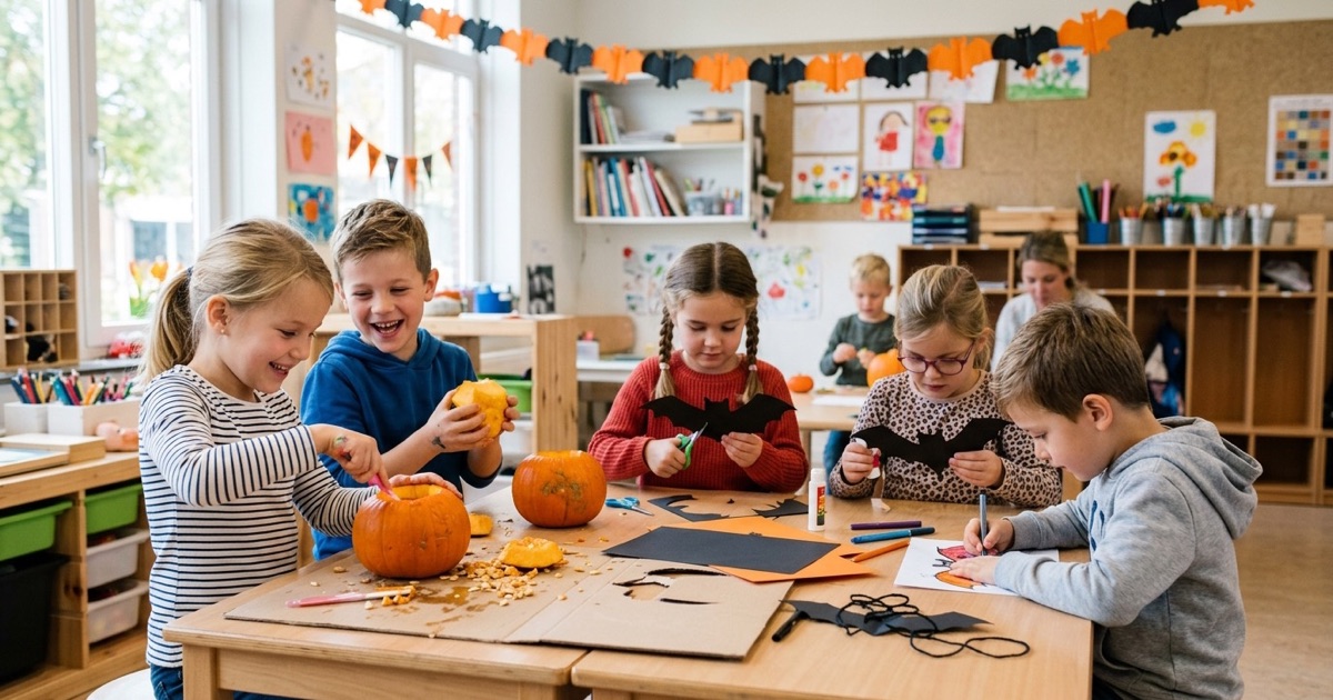 Kinderen maken een pompoen en papieren vleermuizen aan een knutseltafel in de klas.