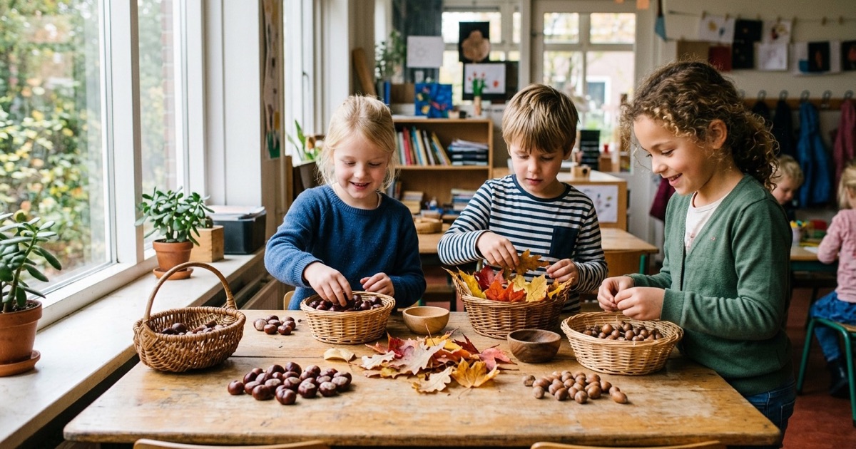 Kinderen sorteren kastanjes, eikels en herfstbladeren aan een tafel in de klas.