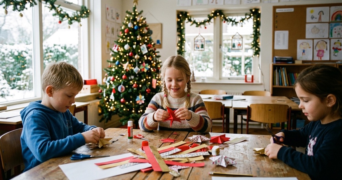Kinderen maken papieren kerststerren in een klas met een verlichte kerstboom in de hoek.