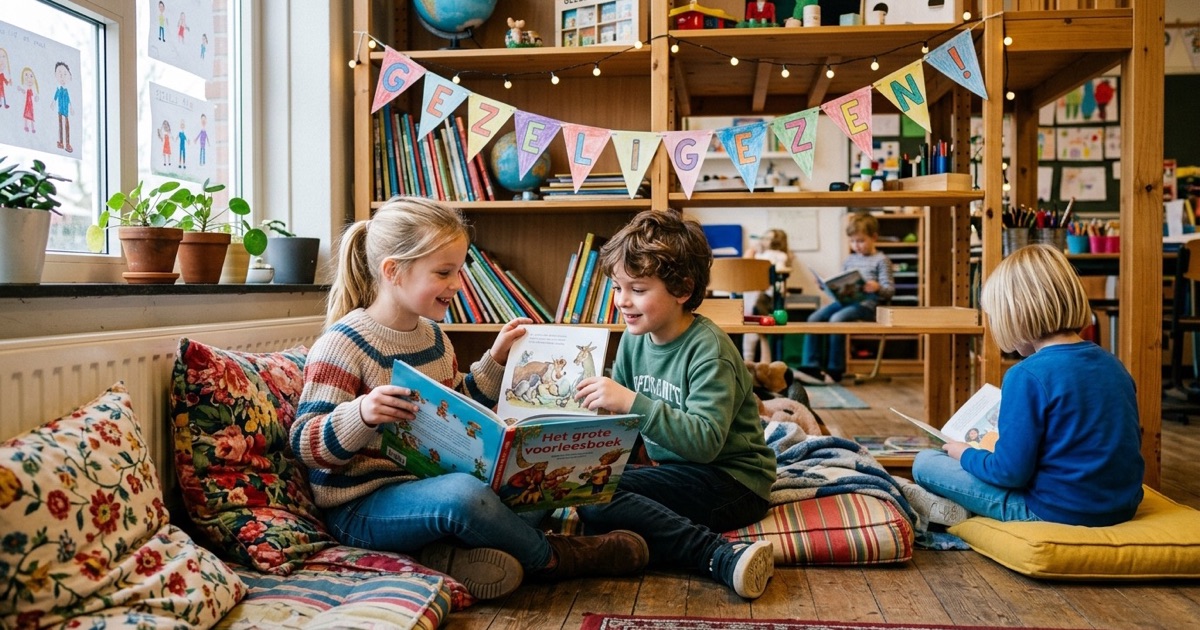 Kinderen lezen prentenboeken op kussens in een versierde leeshoek tijdens de Kinderboekenweek.