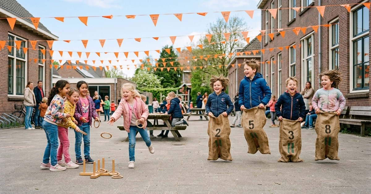Kinderen doen spelletjes op een schoolplein versierd met oranje vlaggetjes op Koningsdag.