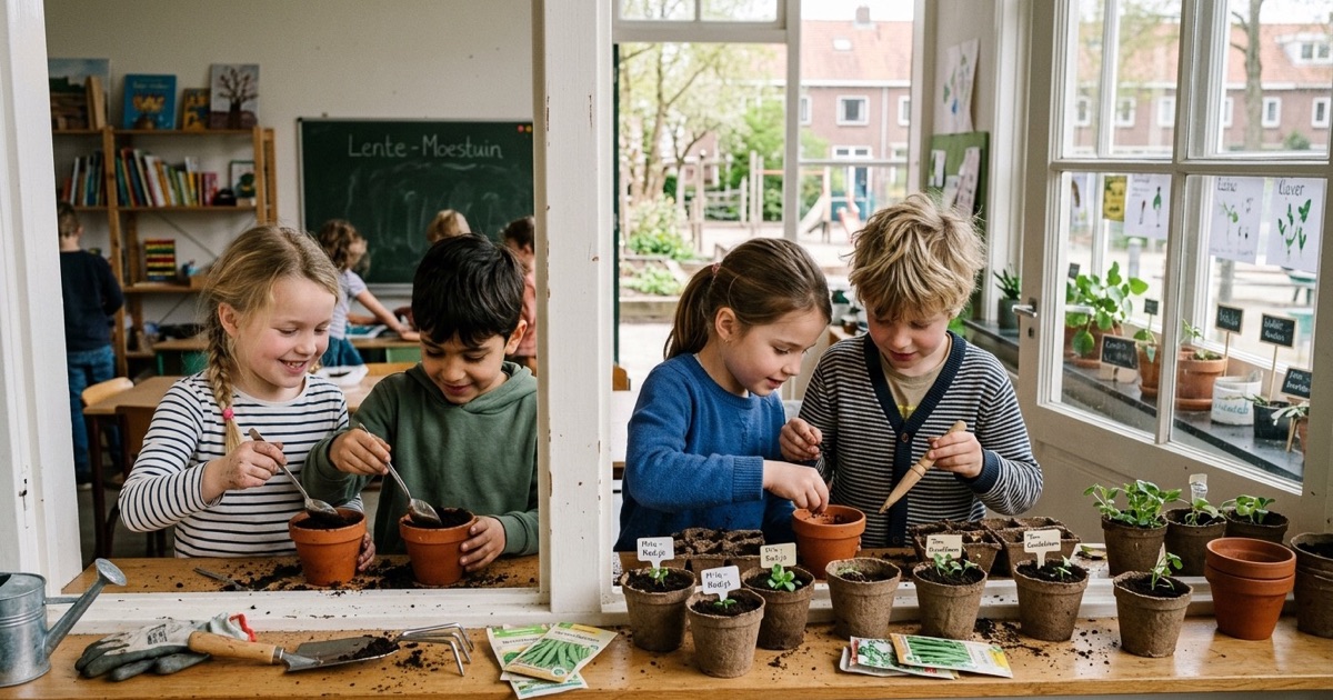Kinderen planten zaadjes in potjes op de vensterbank van de klas in het lentelicht.