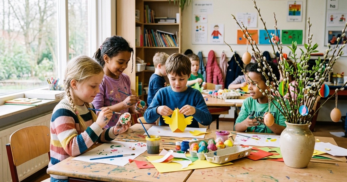 Kinderen verven eieren en knutselen kuikentjes aan een tafel met lentetakken in de klas.