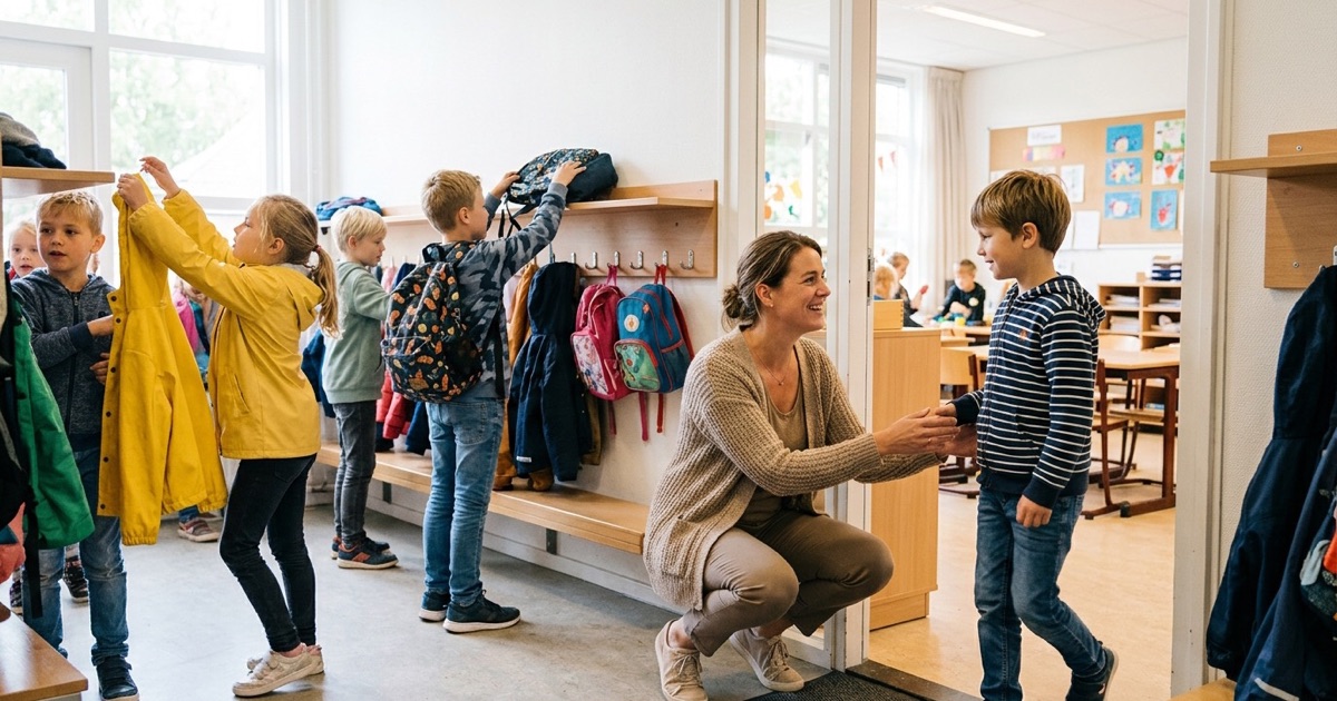 Kinderen komen op de eerste schooldag binnen terwijl de leerkracht ze bij de deur verwelkomt.