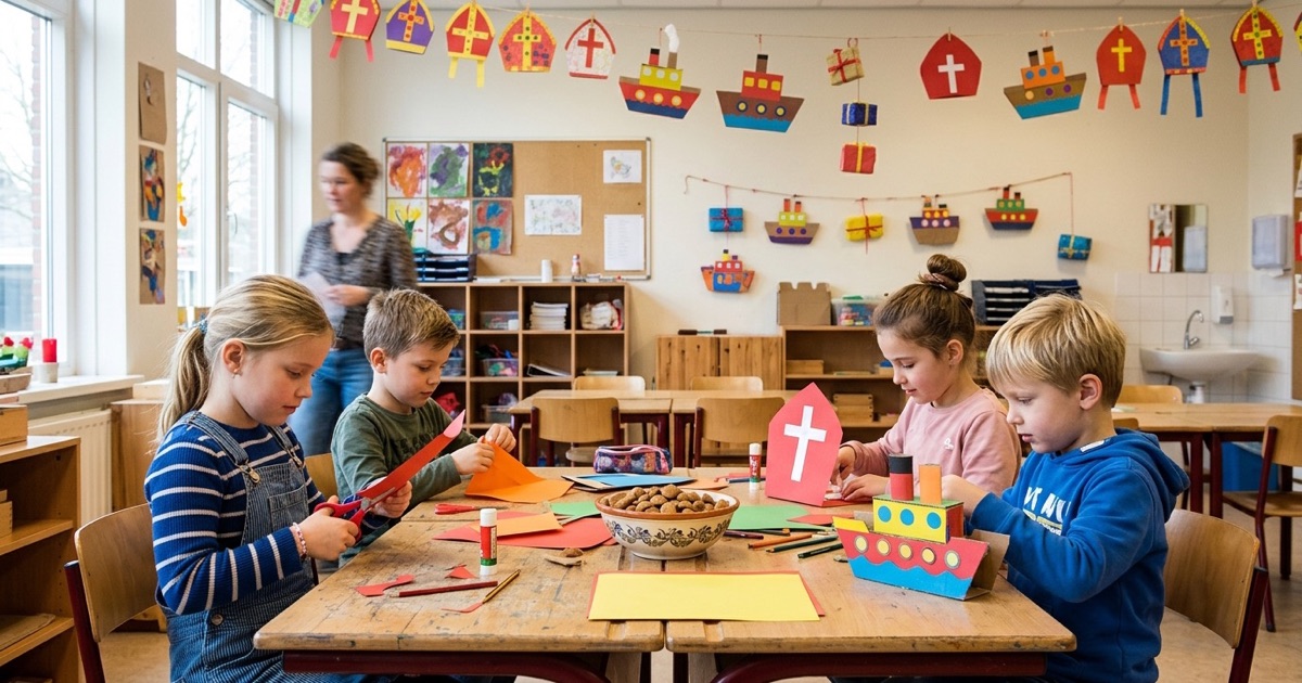 Kinderen knutselen stoomboten in een klas versierd met papieren mijters en pepernoten op tafel.