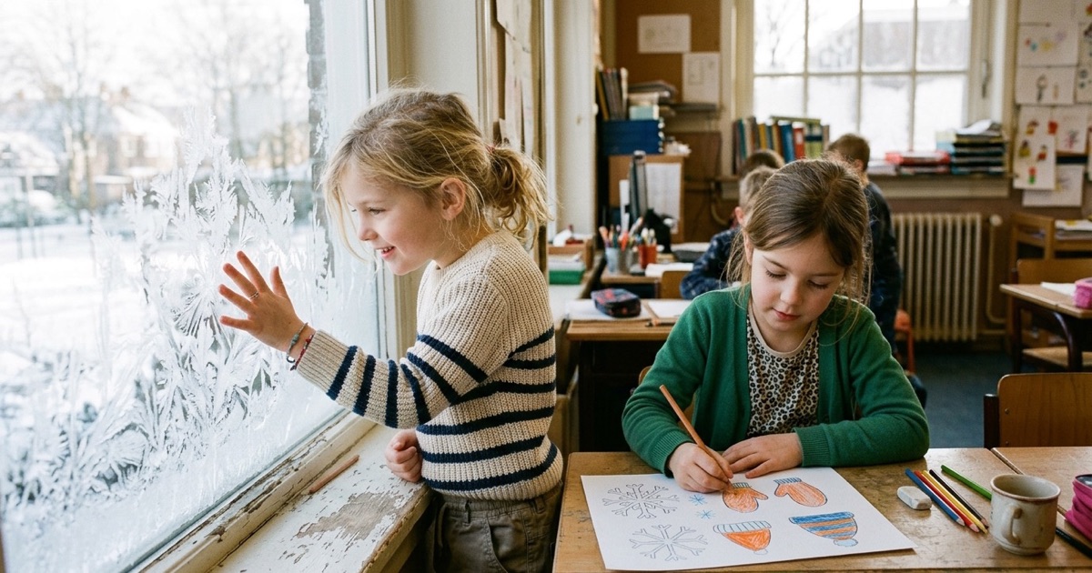 Kinderen bekijken ijsbloemen op het raam van de klas en tekenen sneeuwvlokken.