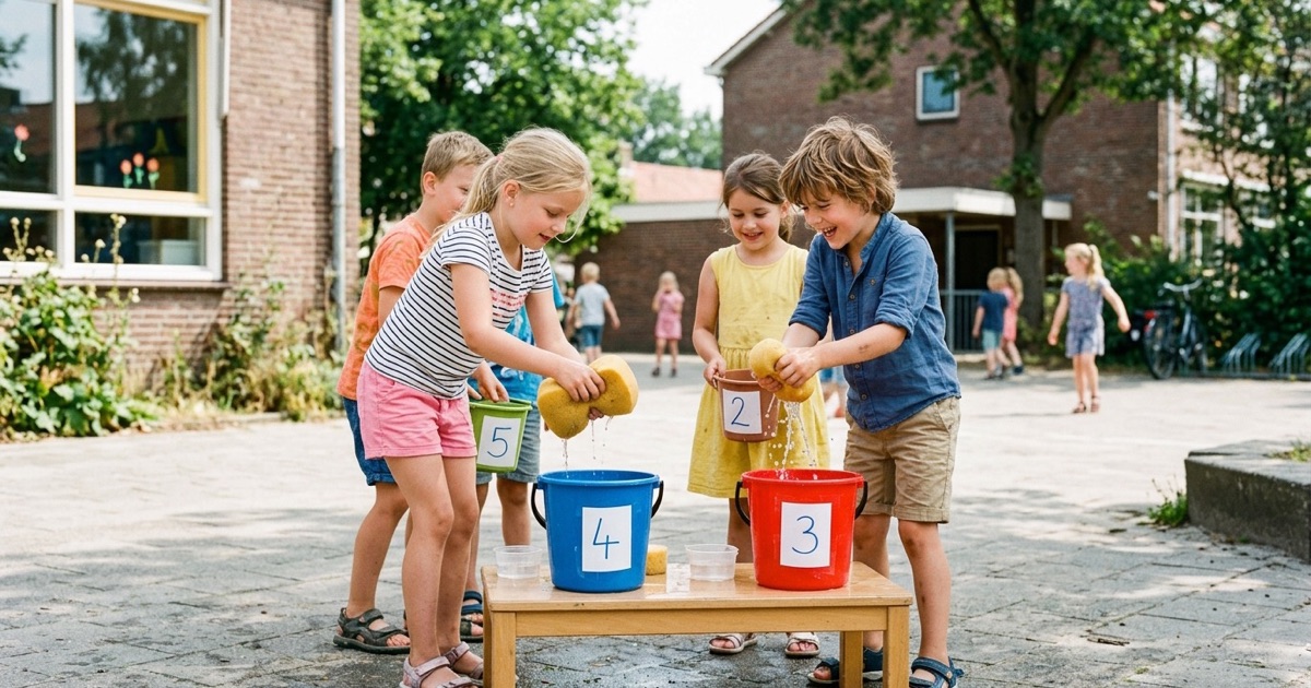 Kinderen doen een telspel met emmers en sponzen op een zonnig schoolplein in de zomer.